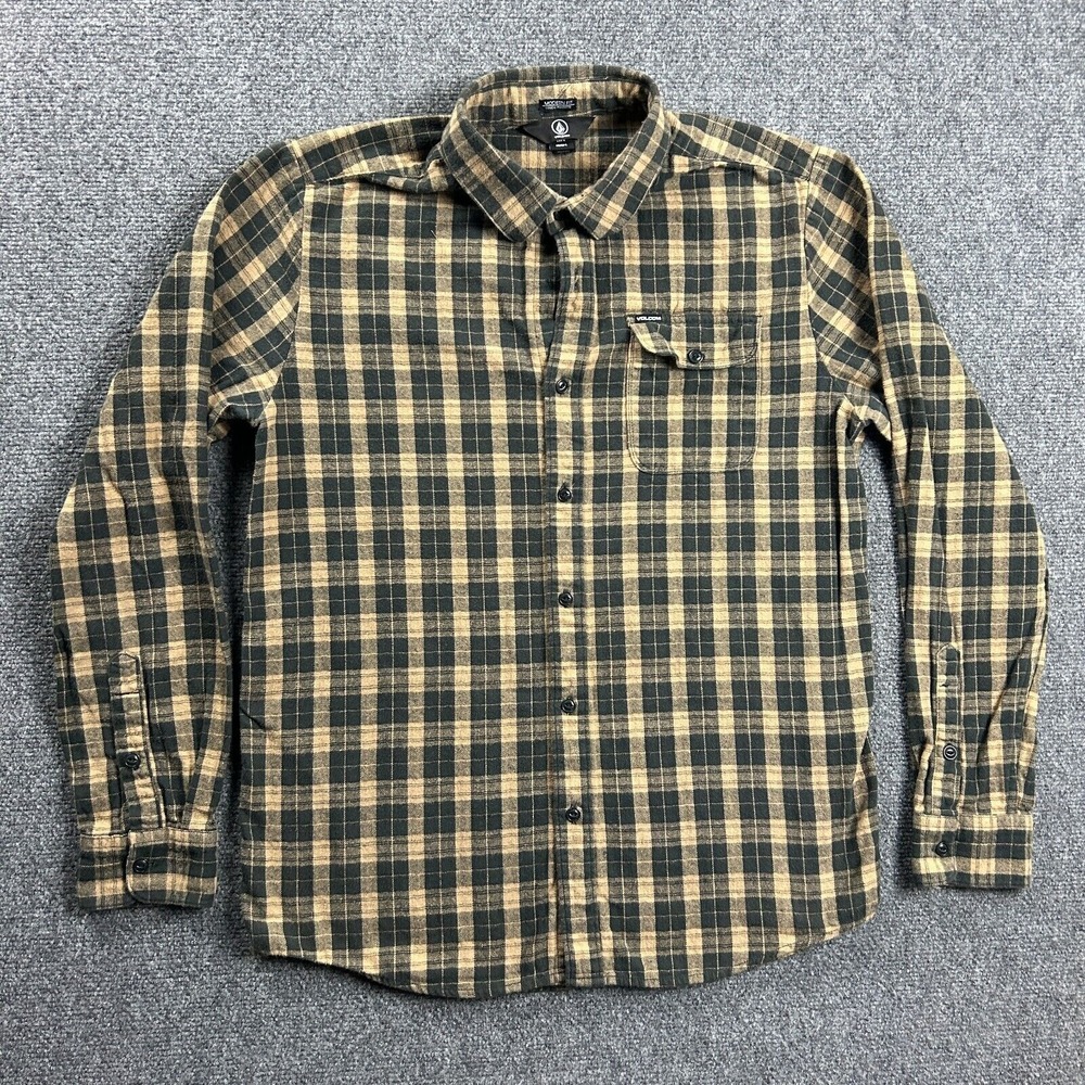 Volcom Flannel Shirt Mens Large Green Plaid Modern Fit Button Up Pocket Cotton